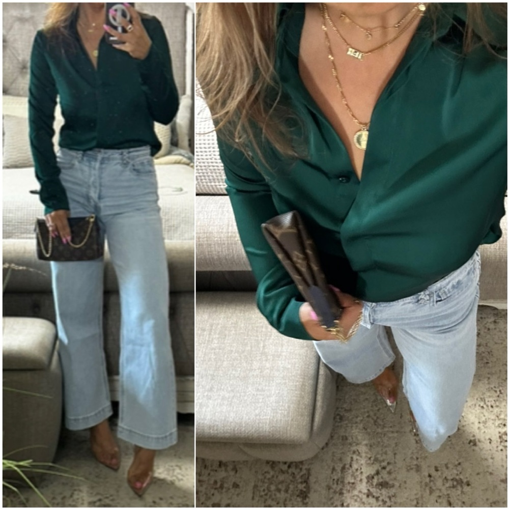 🆕 Emerald Glow Hidden-Button Blouse